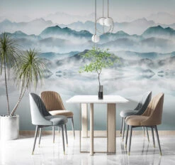 Fototapete Vlies Landschaft Berge Nebel Blau Weiß 47224