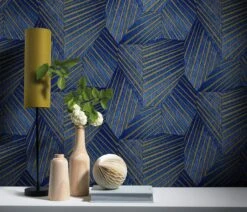 Tapete Vlies Elle Dreiecke 3D Blau Gold Glanz 10152-08