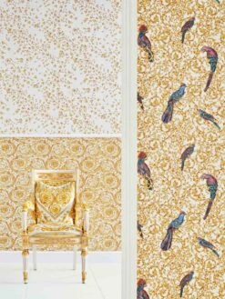Versace Home Tapete Blumen Creme-weiß Gold Glanz 935855 -Tapetengeschäft Versace Home IV Vinyltapete Blumenregen cremeweiss gold Glanz 935855 63200308 1